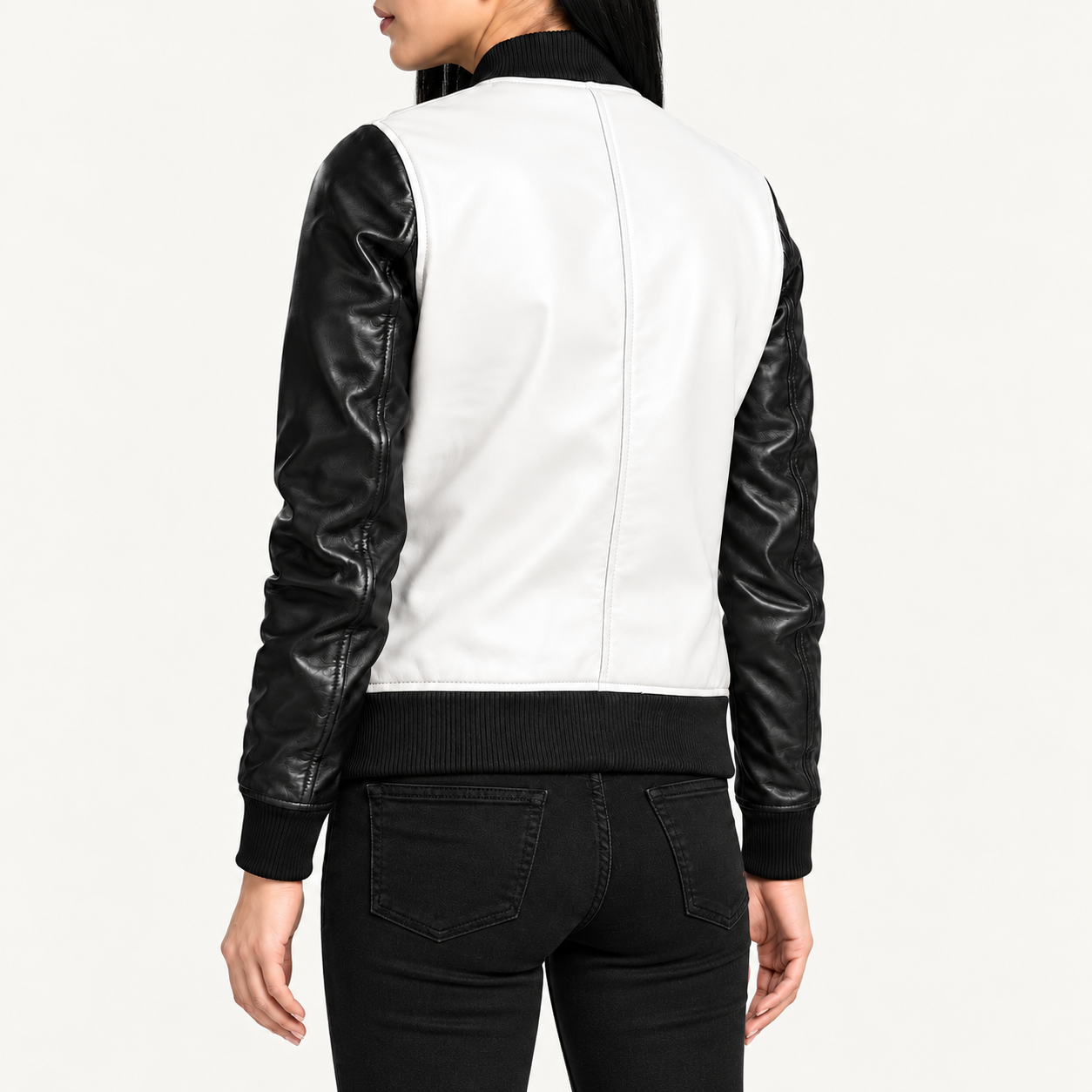 Black and White Women's Black & White Leather Bomber Jacket – Classic Two-Tone Style Gallery